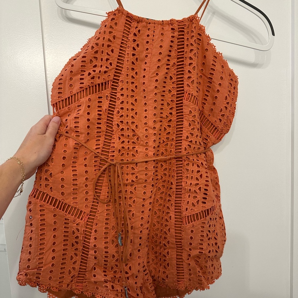 Amuse Society Orange Eyelet Lace Romper with Halter Neckline